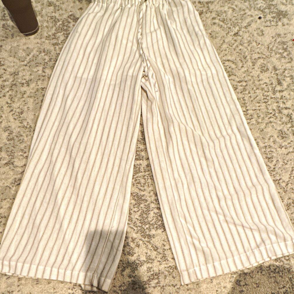 Dazy Women's White/Beige Striped Wide-Leg Pants Size L Elastic Waist Pockets